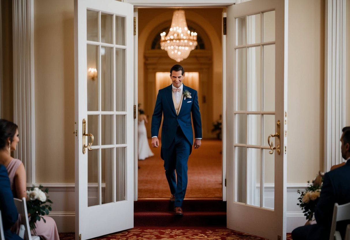 A figure in elegant attire steps through the open doors, entering the grand wedding ceremony