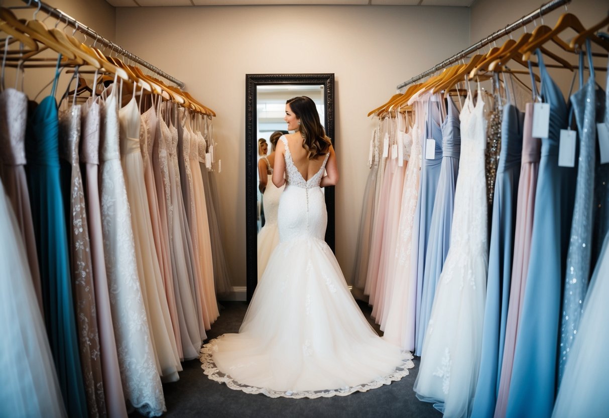 A woman browsing wedding dresses alone in a boutique, surrounded by racks of gowns and a large mirror