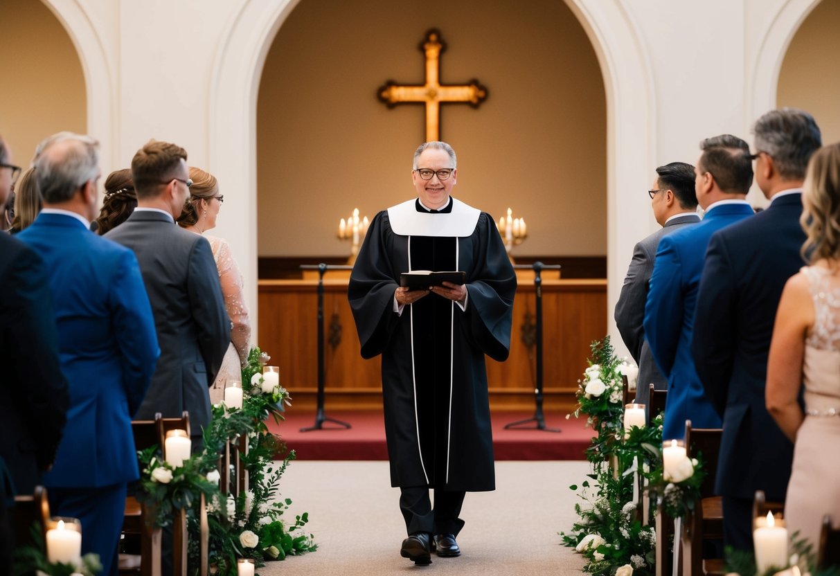 The officiant enters first, standing at the front of the ceremony space