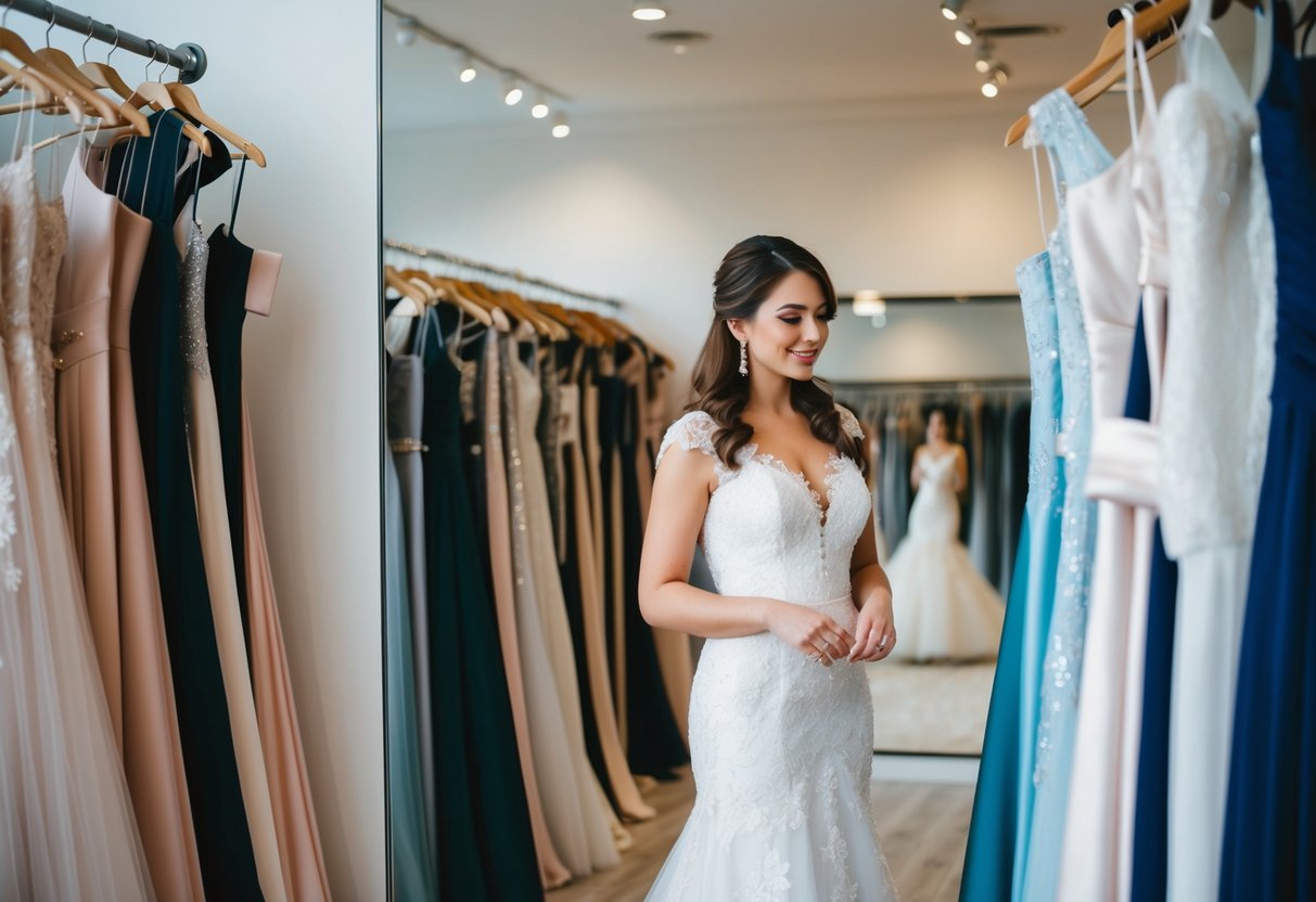 A woman browsing wedding dresses alone in a boutique, surrounded by racks of gowns and mirrors