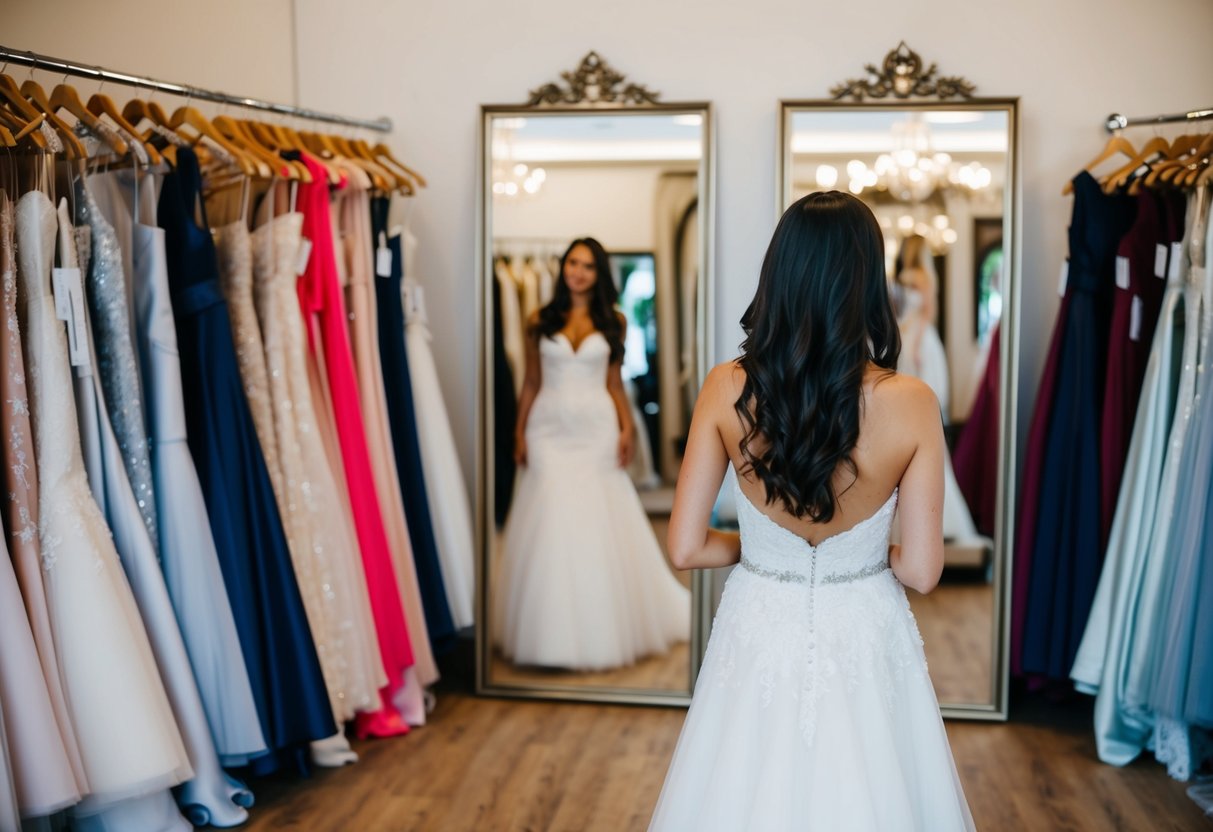 A woman browsing wedding dresses alone in a boutique, surrounded by racks of gowns and mirrors