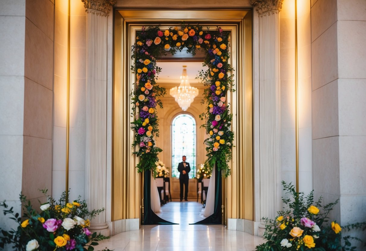A grand doorway with ornate decorations, framed by colorful flowers and soft lighting, invites the first arrival at the wedding ceremony