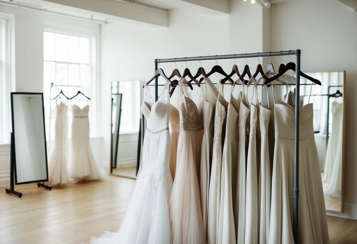 A rack of wedding dresses being browsed through in a bright, airy fitting room with large mirrors and soft lighting