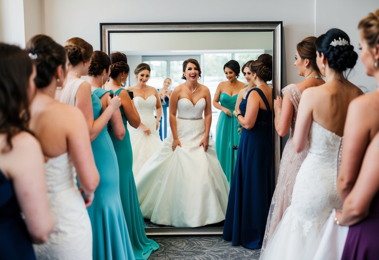 A bride surrounded by a variety of wedding dresses, trying them on quickly in front of a large mirror