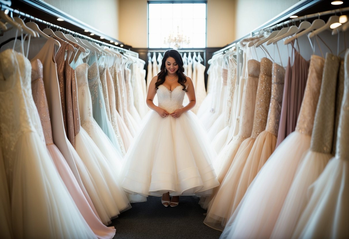 A bride surrounded by a sea of wedding dresses, trying on gowns in a bustling bridal shop