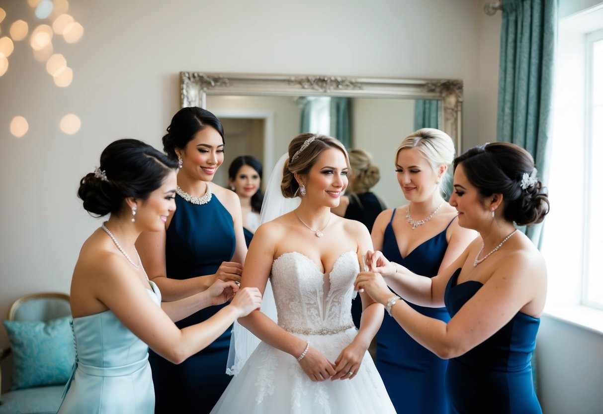 A group of female figures in elegant attire surround the bride, assisting with hair, makeup, and adjusting her dress