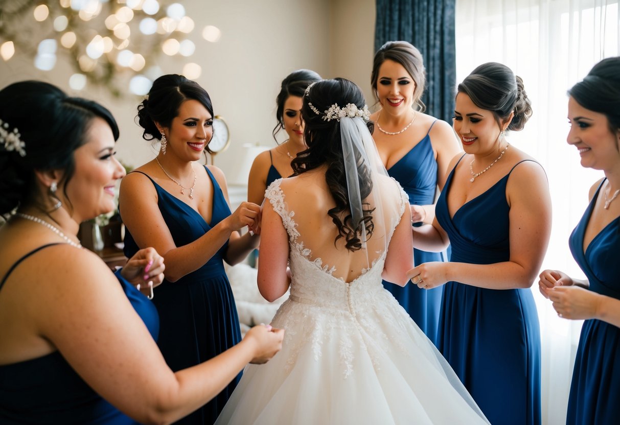 The bridal party gathers around the bride, helping her prepare for the wedding day