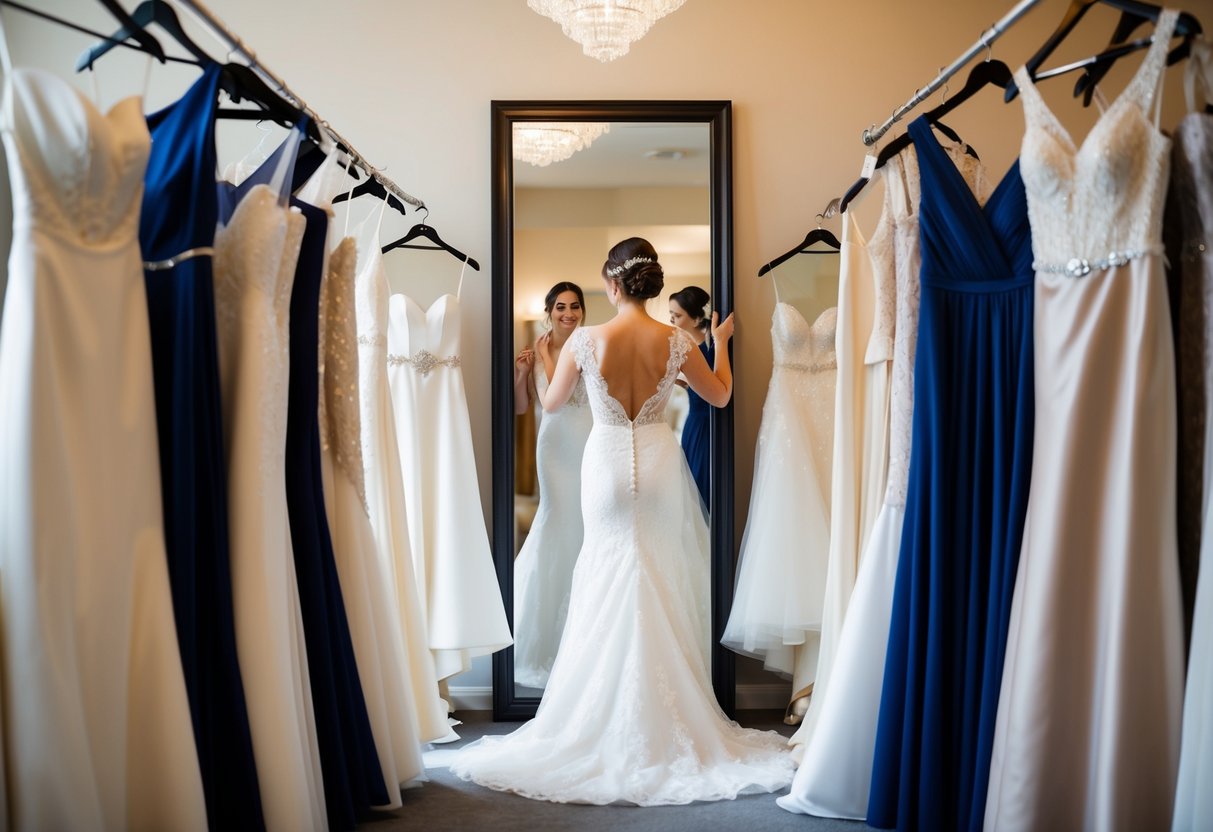 A bride surrounded by a variety of wedding dresses, trying on different styles in front of a full-length mirror