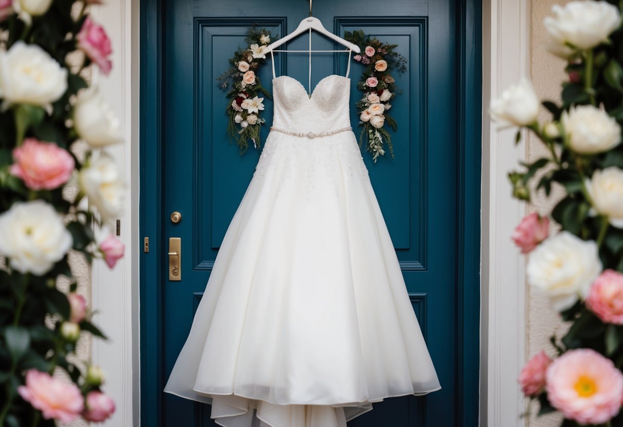 A bridal gown hanging on a door, surrounded by flowers and jewelry