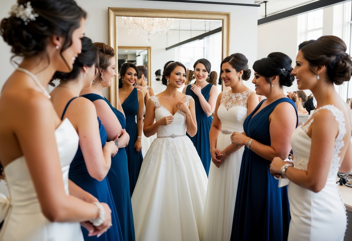 A bride and a small group of friends admire themselves in the mirror as they try on wedding dresses at a bridal boutique