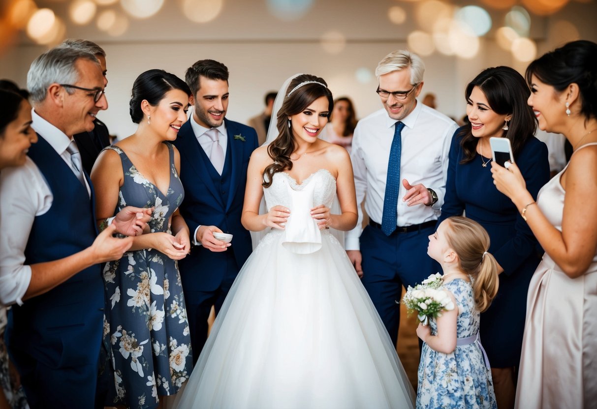 A bride-to-be holding a wedding dress and surrounded by a small group of friends and family, all eagerly discussing and admiring the gown