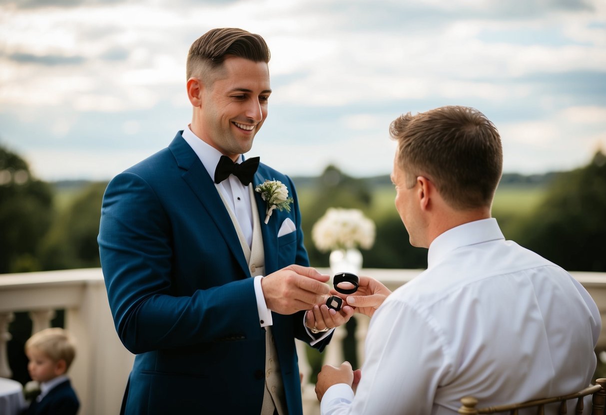 The best man presents the rings to a waiting recipient