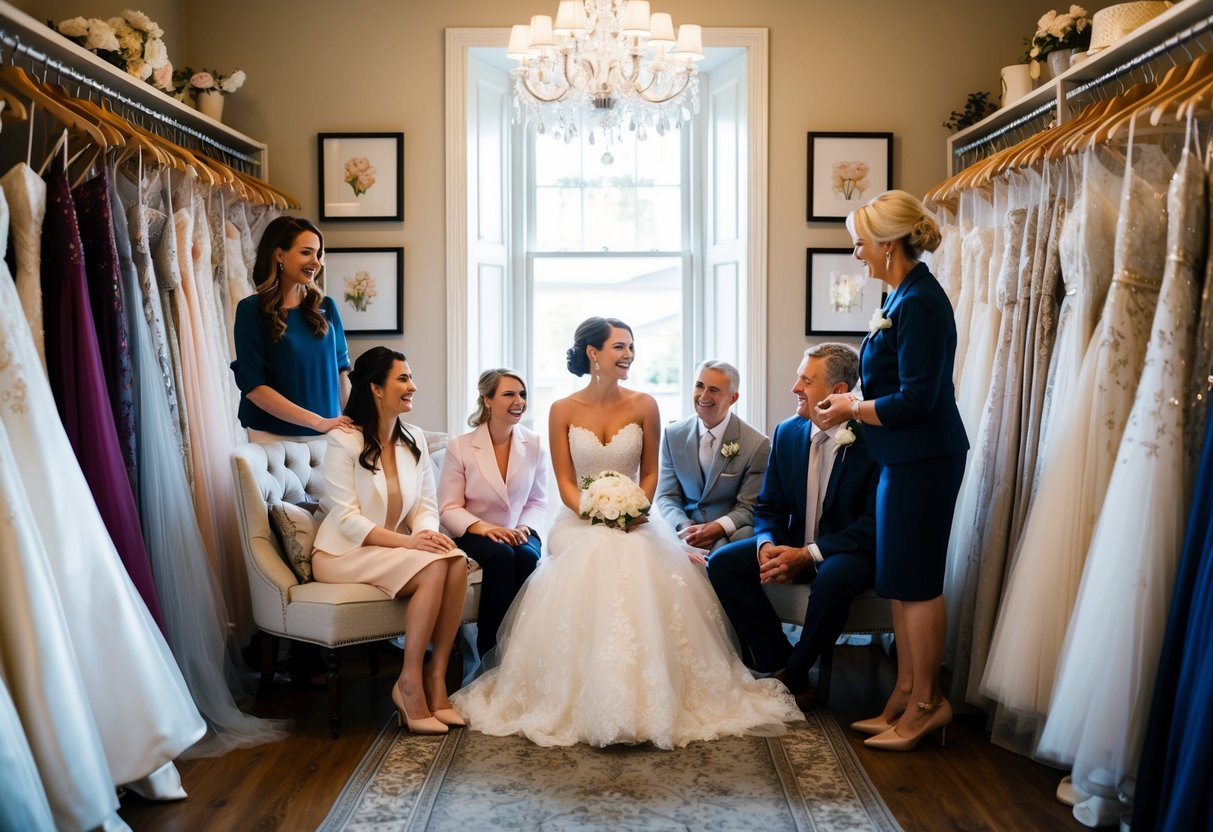 A bride-to-be sits surrounded by friends, family, and a bridal consultant in a cozy, elegant boutique filled with racks of beautiful wedding gowns