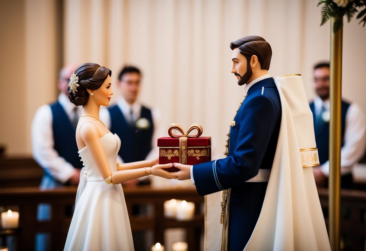 A figure stands at the altar, presenting a symbolic gift to the bride