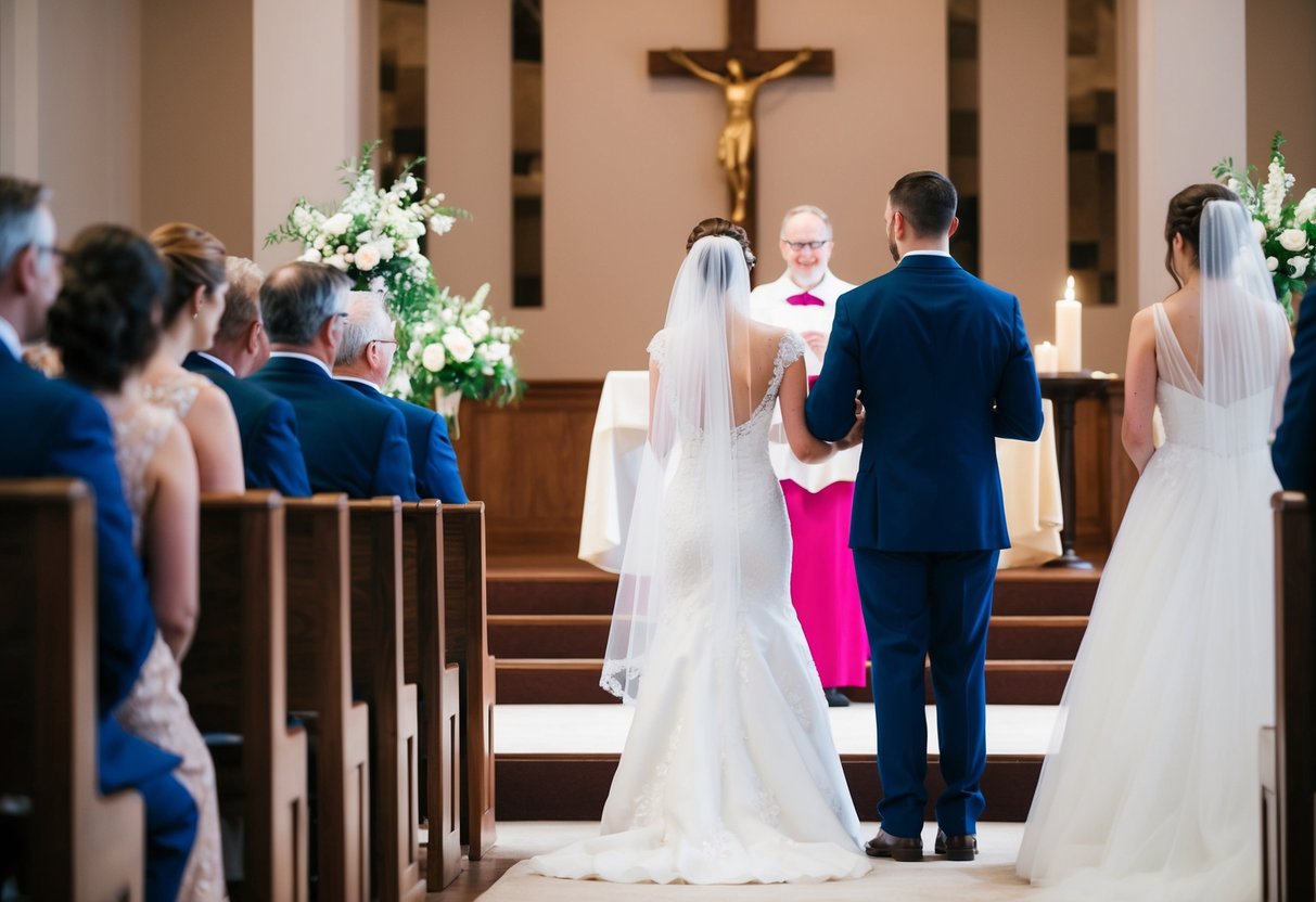 A figure standing at the altar, facing the bride with open arms, while the bride walks towards them