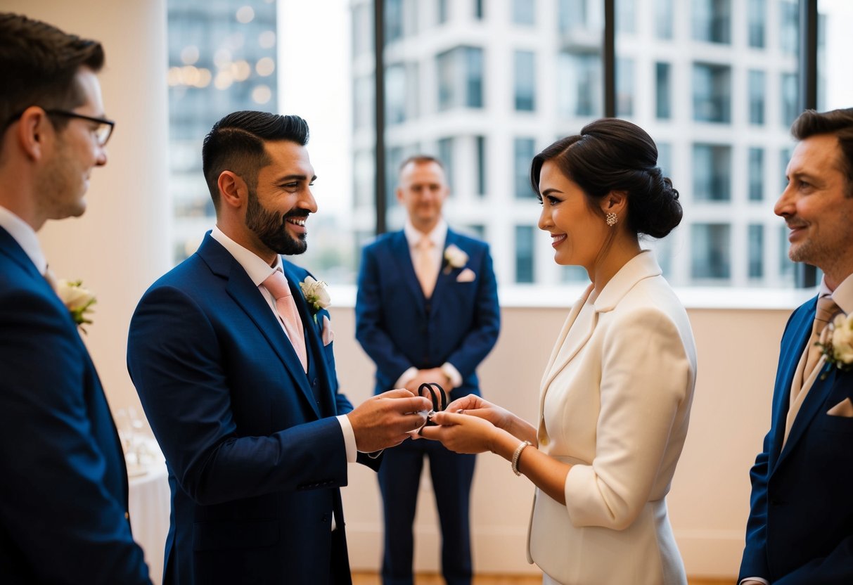 The best man presents the rings to a waiting representative