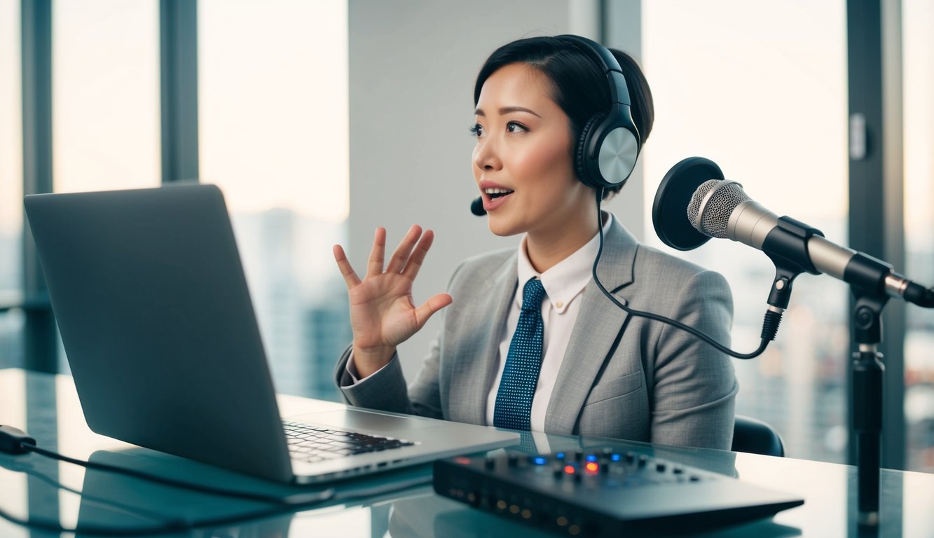 A person speaking into a microphone with a laptop and recording equipment on a desk in a professional setting