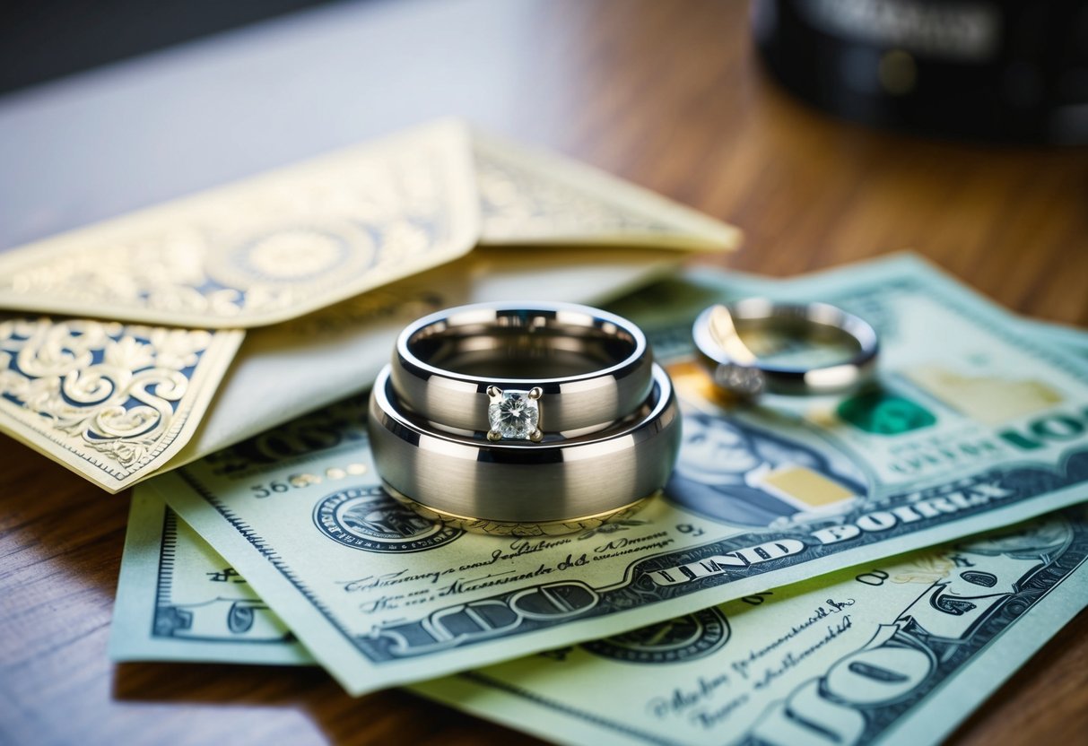 A pair of wedding rings surrounded by a pile of money and a decorative envelope