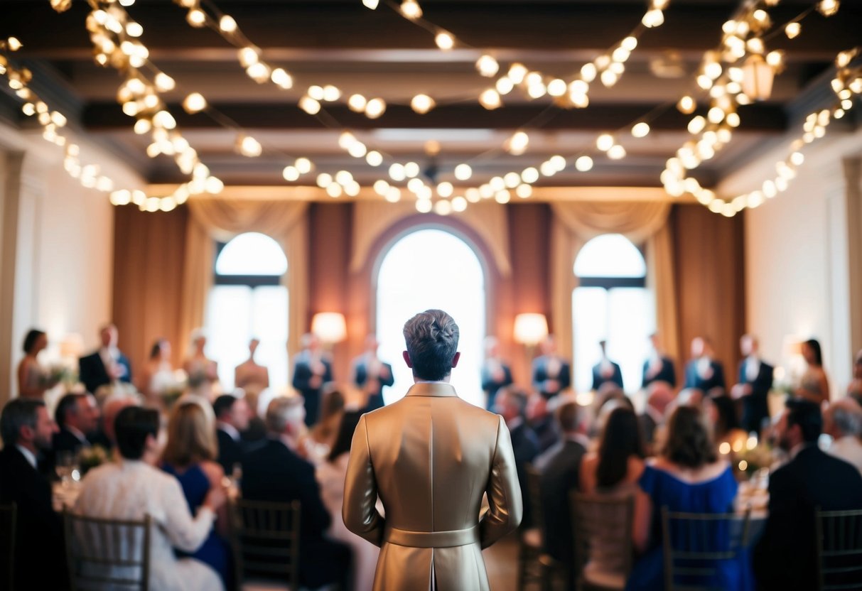 A figure stands at the front of a decorated space, facing a gathering of guests. The atmosphere is joyful and celebratory
