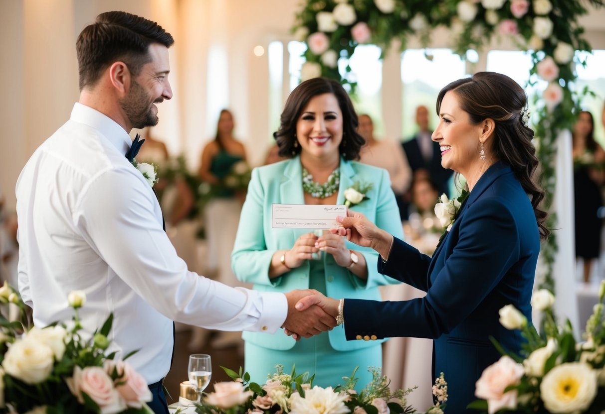 A man hands over a check to a wedding planner, surrounded by flowers, decorations, and a wedding venue