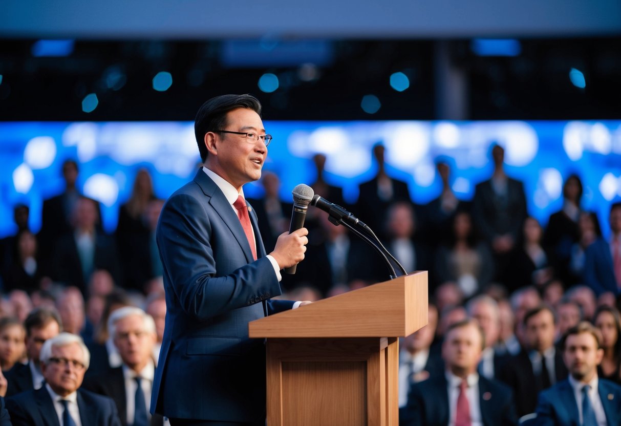 A person standing at a podium in front of a crowd, holding a microphone and delivering a speech