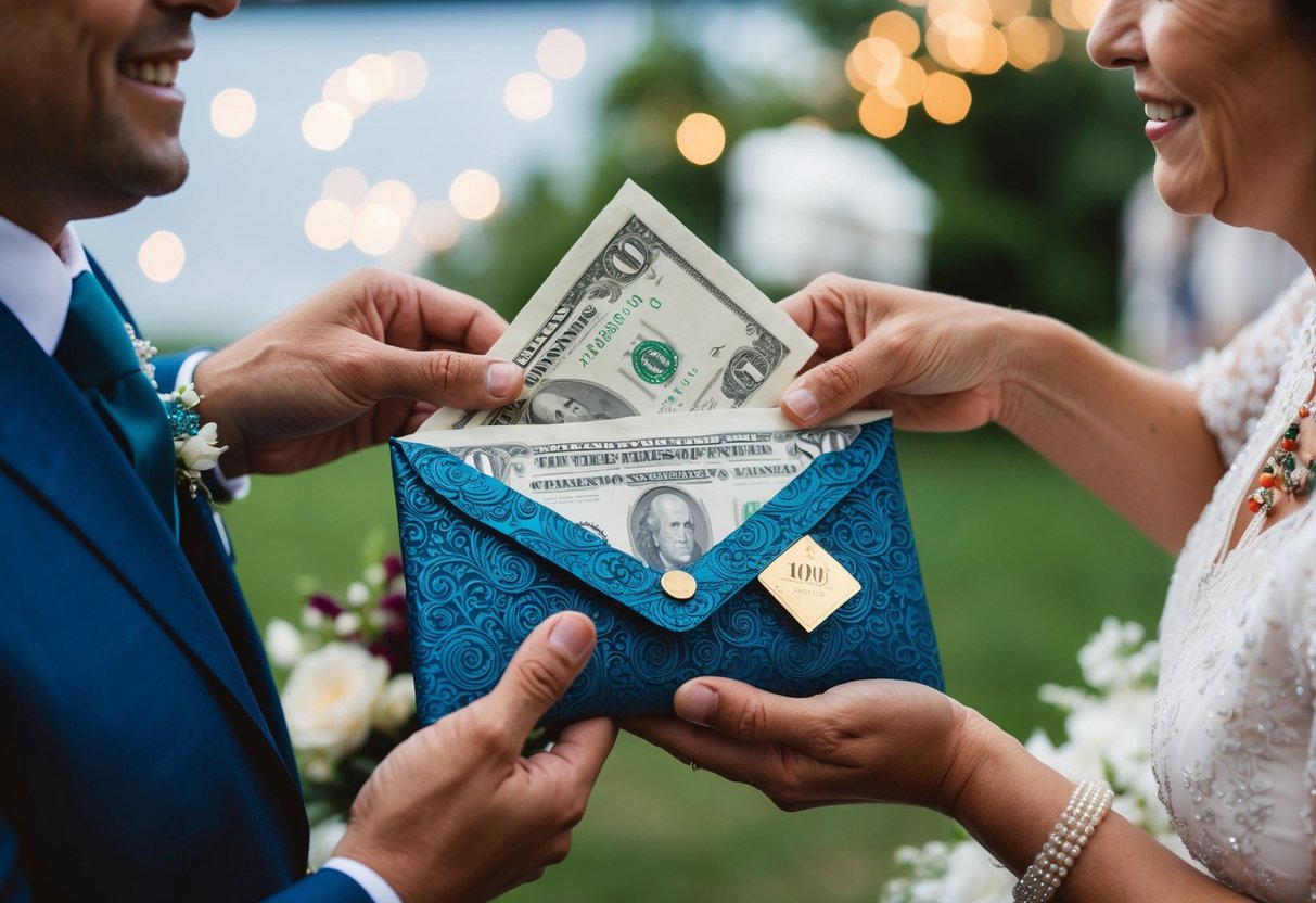 The groom's parents presenting a decorative envelope filled with money as a wedding gift