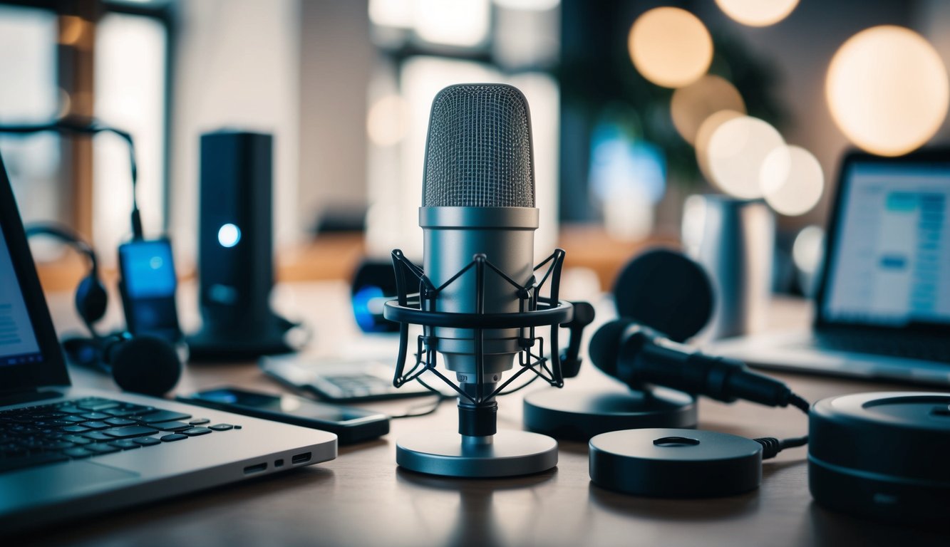 A microphone surrounded by various business-related objects, with a progression of podcasting equipment and technology in the background