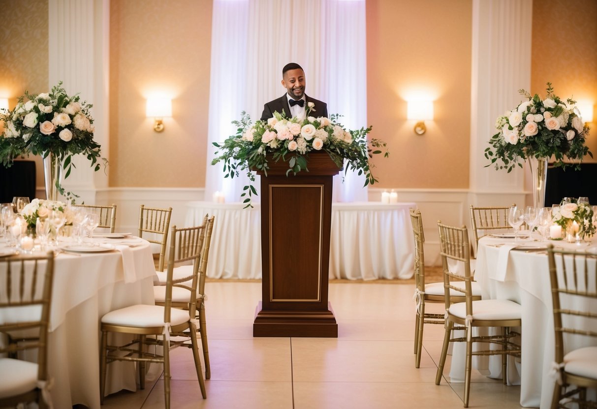 A podium adorned with flowers stands at the center of the elegant reception hall, awaiting the first speaker at the wedding