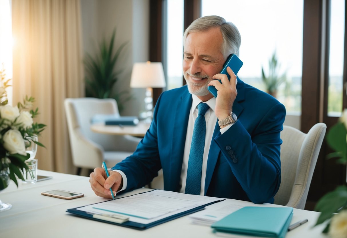 The father of the bride sits at a table with a wedding budget spreadsheet, writing checks and making phone calls to vendors