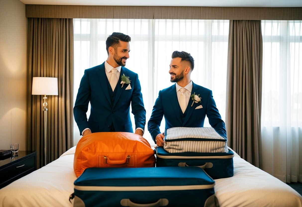 The best man and groom share a room, packing for the wedding day