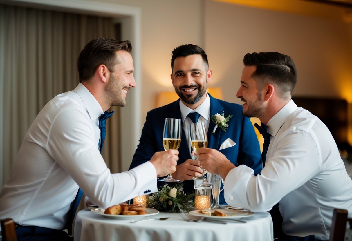 The best man and groom share a toast the night before the wedding