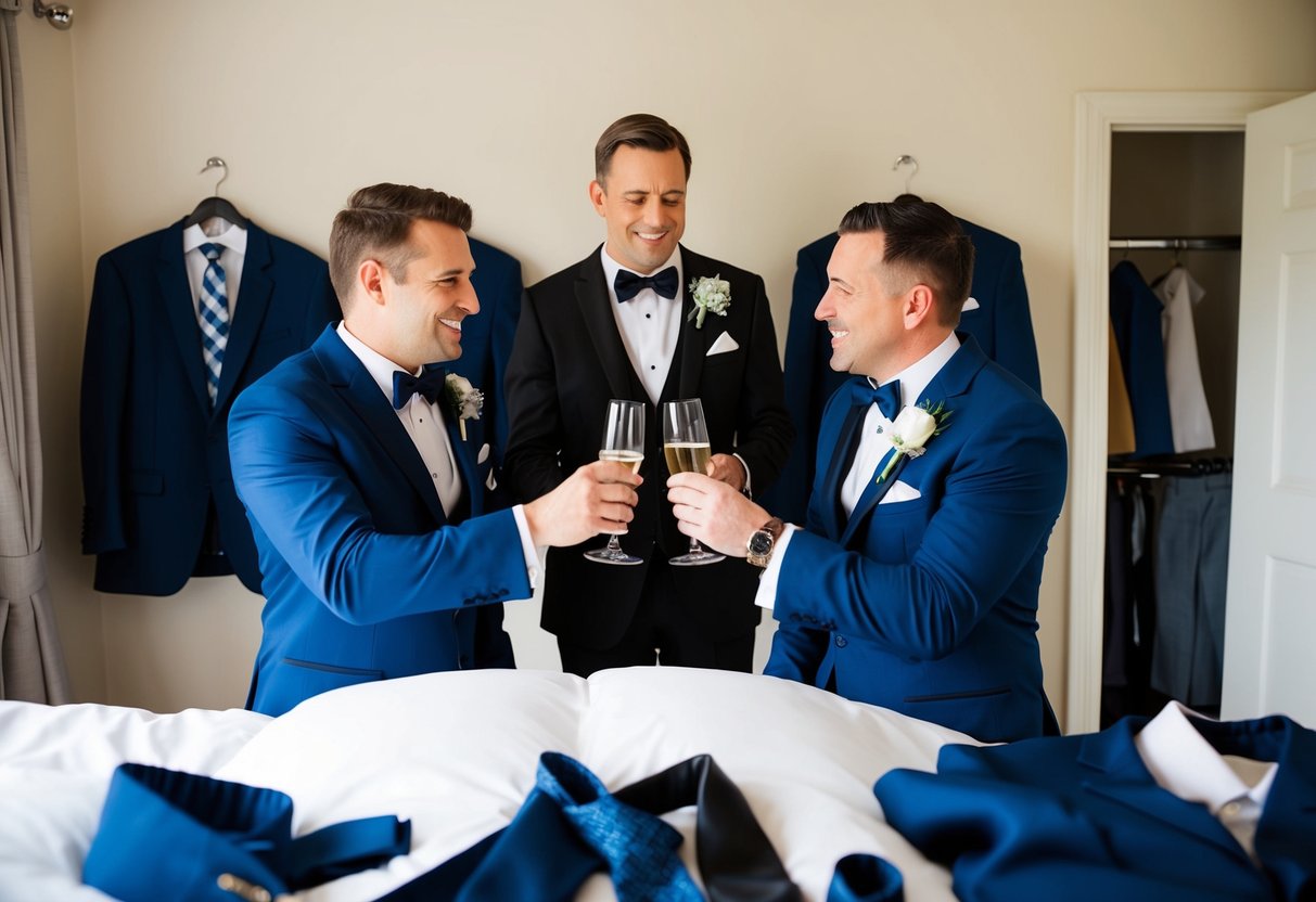The best man and groom share a toast in the groom's room, surrounded by scattered suits and ties