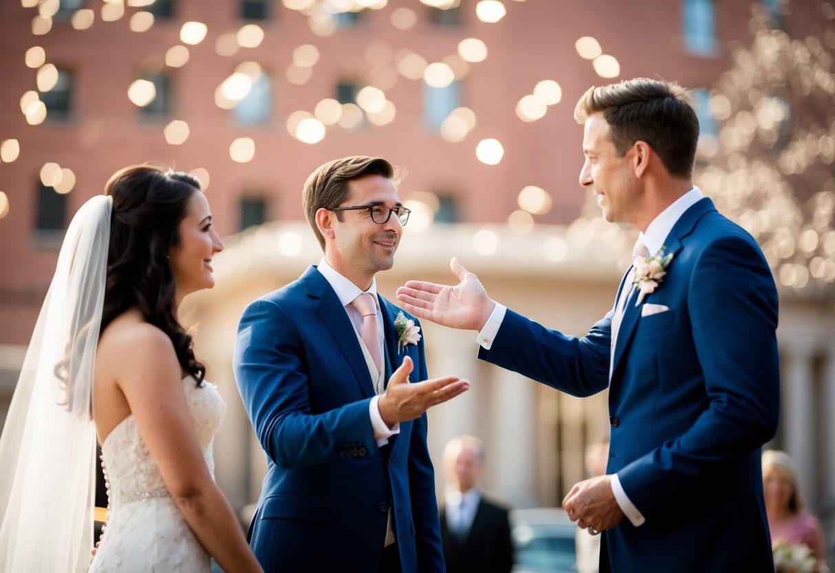 A figure stands before a couple, gesturing toward the bride