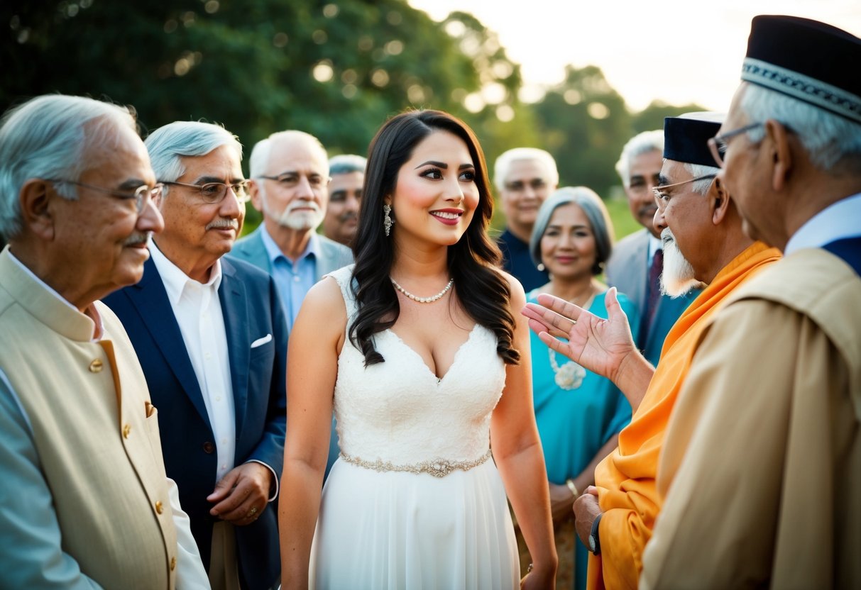 A woman stands before a group of elders, one of whom gestures towards her, indicating her hand in marriage