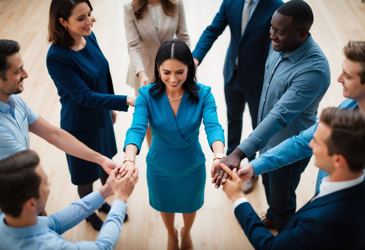 A woman stands in the center of a circle of people, with two individuals stepping forward to join hands in a gesture of giving and acceptance
