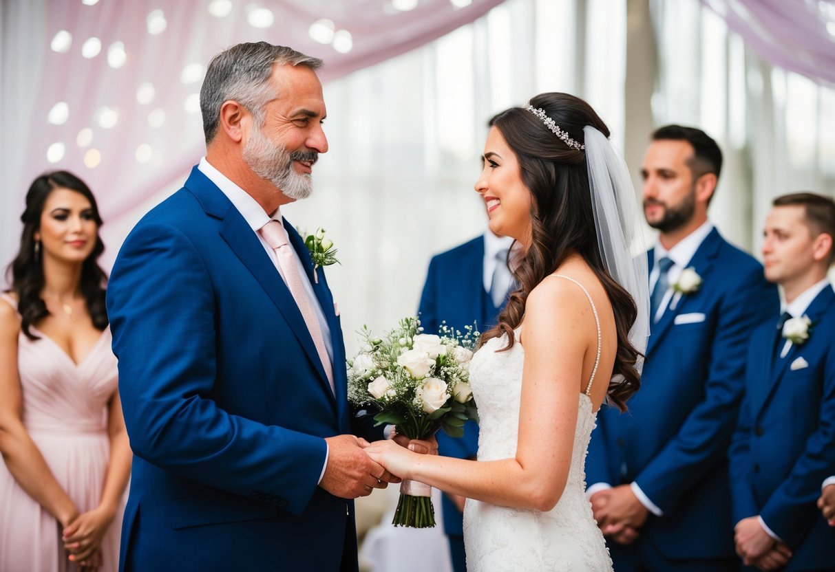 A father standing beside his daughter, presenting her to the groom at the wedding ceremony