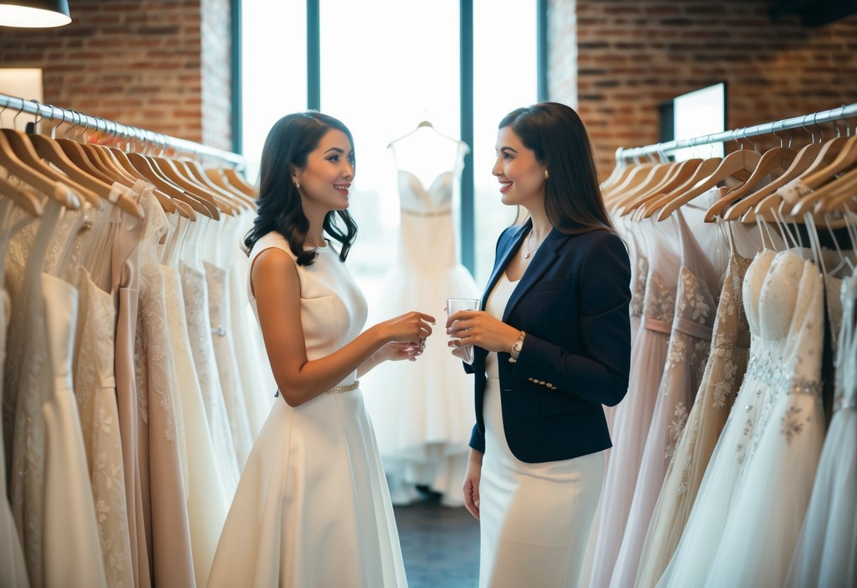 A woman and her friend browse through racks of wedding dresses, discussing and admiring different styles and designs