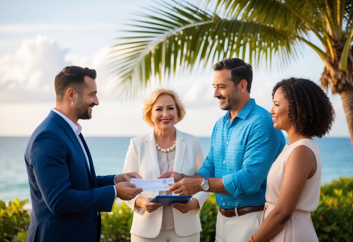 A couple's parents handing over a check to a travel agent with a tropical destination in the background