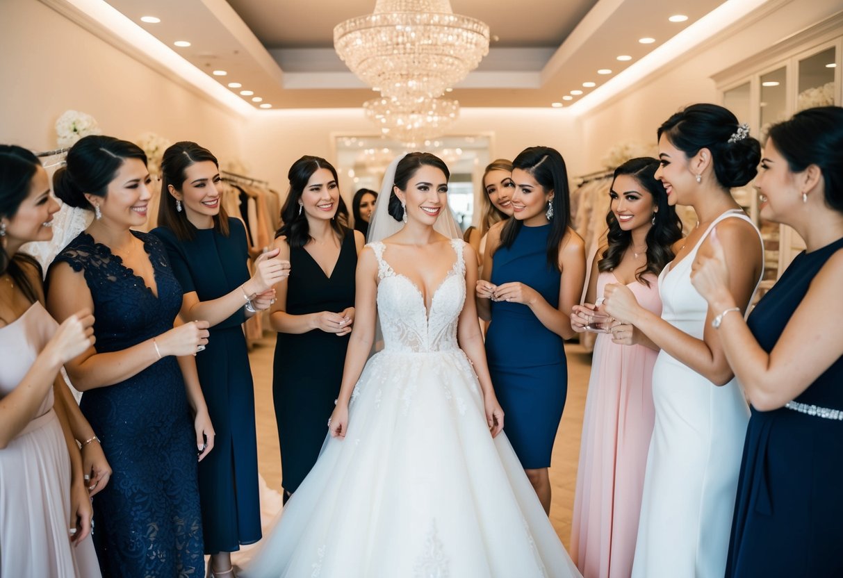 A group of women gather around the bride, offering their opinions as she tries on different wedding dresses in a luxurious bridal boutique