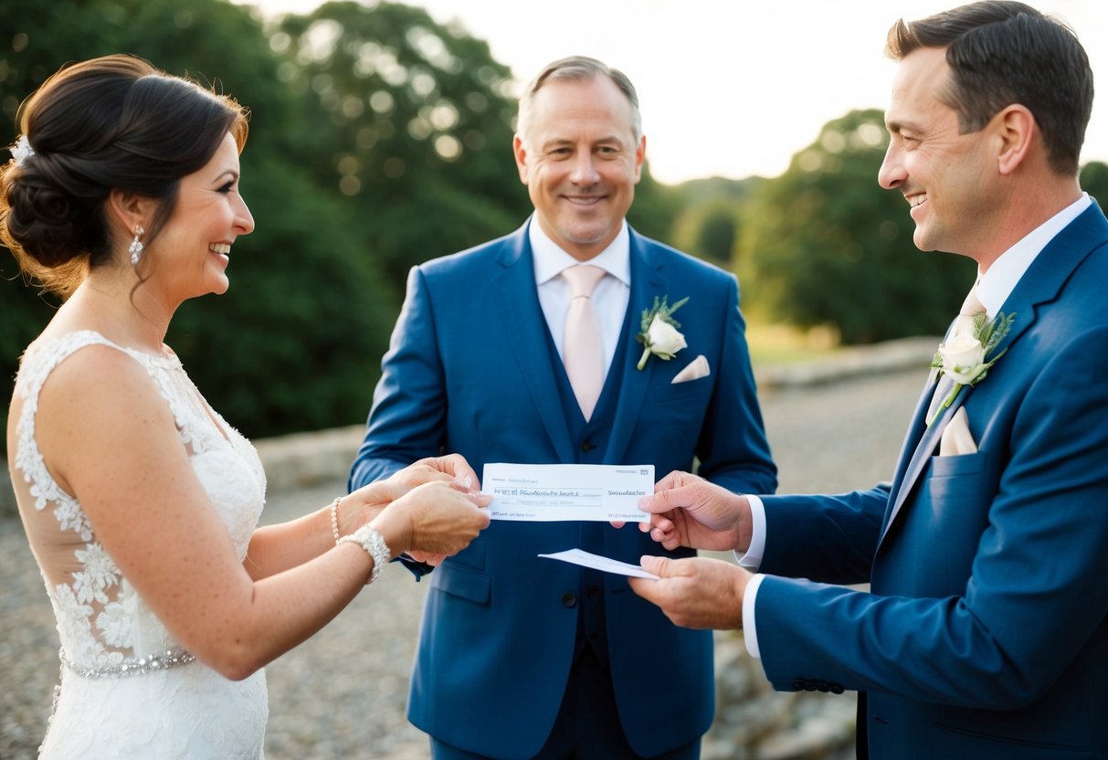 A groom's parents handing over a check to the newlyweds for their honeymoon