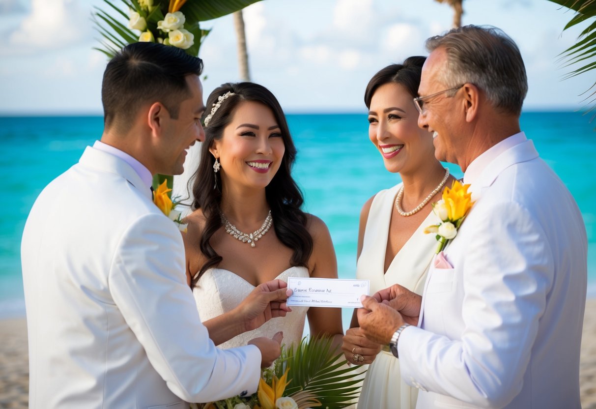 A smiling couple receives a check from the groom's parents, surrounded by tropical beach and wedding decor
