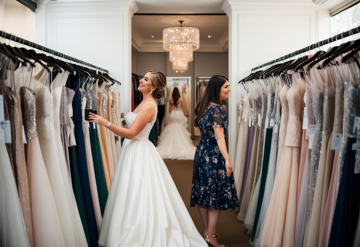 A bride and a friend browse through racks of wedding dresses in a boutique