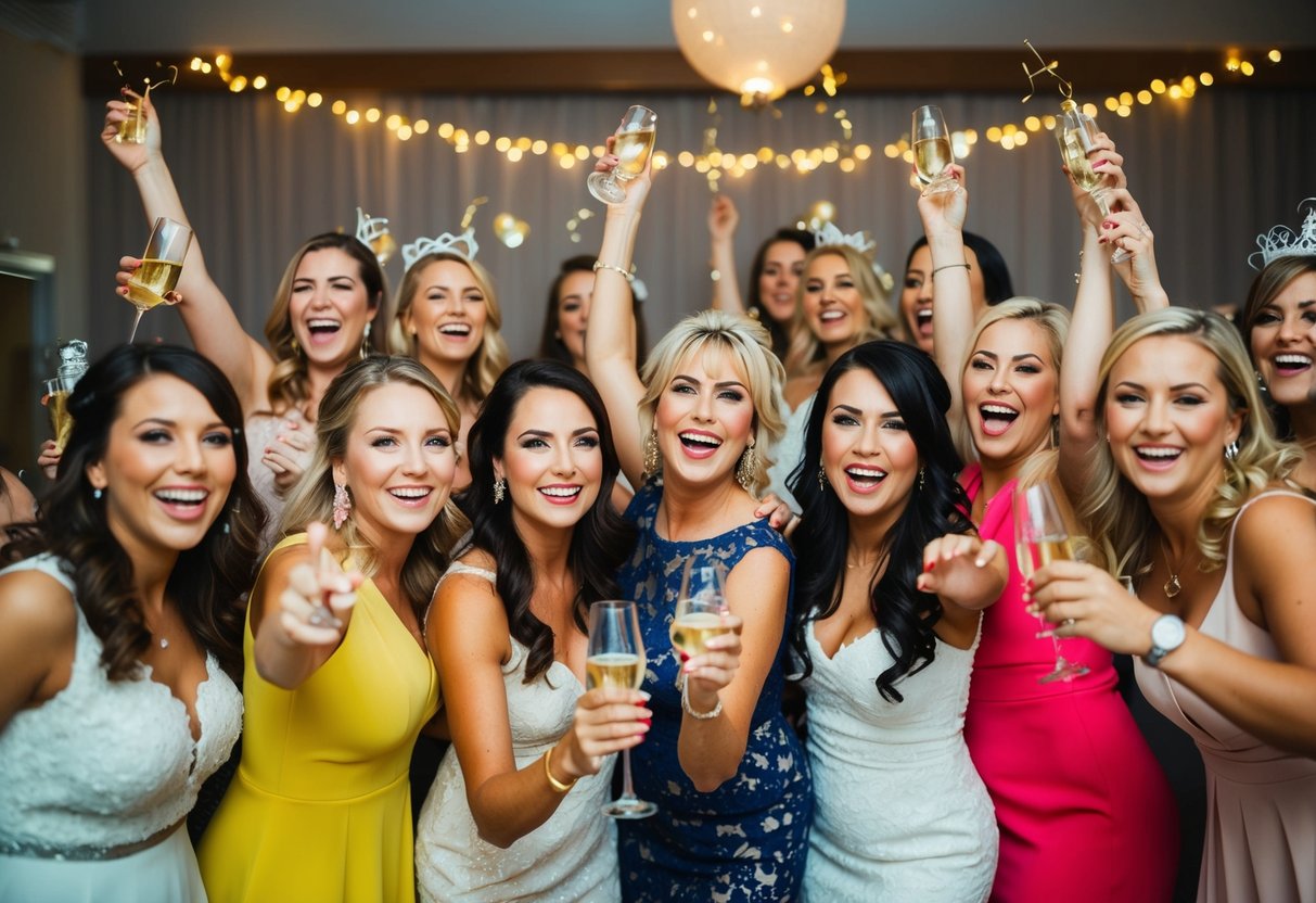 A group of women celebrating at a hens night, with the mother of the bride joining in the festivities
