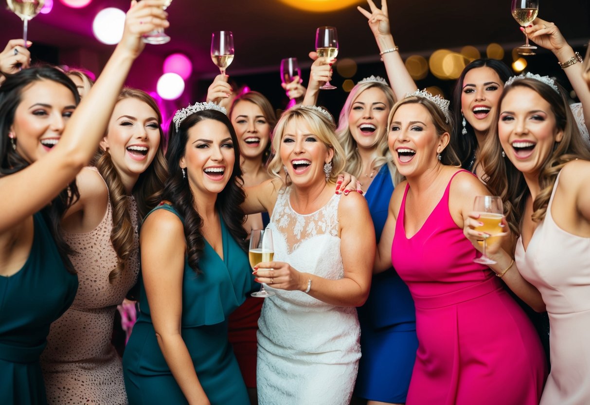 A group of women celebrating at a lively hen night party, with the mother of the bride joining in the fun