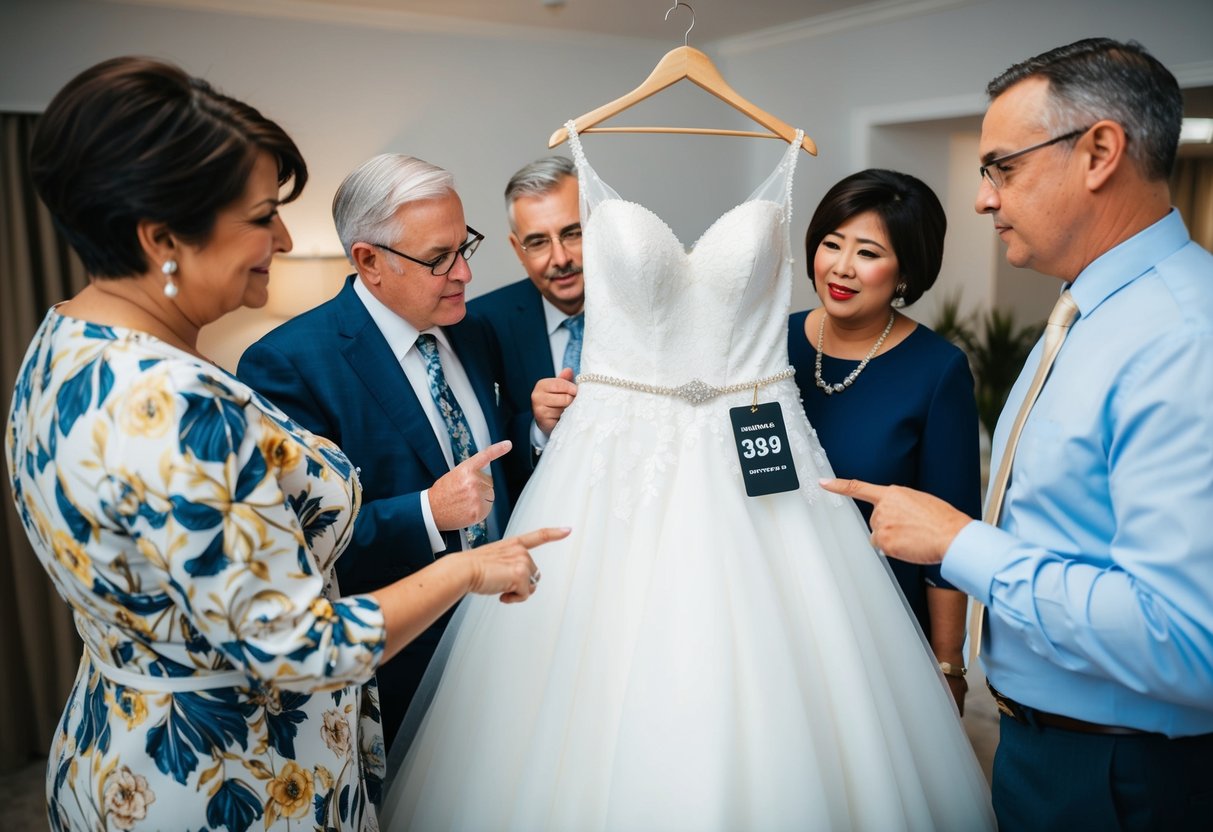 A bride's dress with a price tag, surrounded by family members discussing and pointing at it