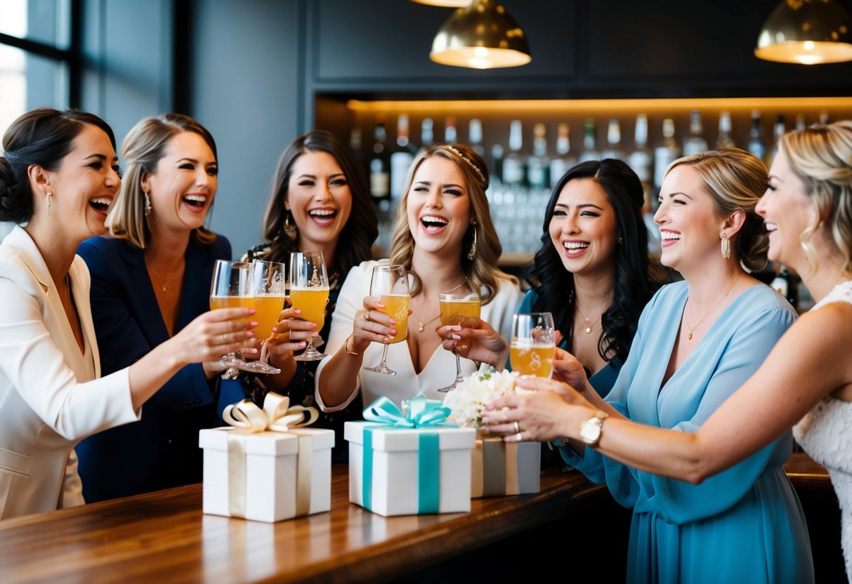 A group of women at a bar, laughing and toasting with drinks. One woman is presented with gifts and decorations for her upcoming wedding