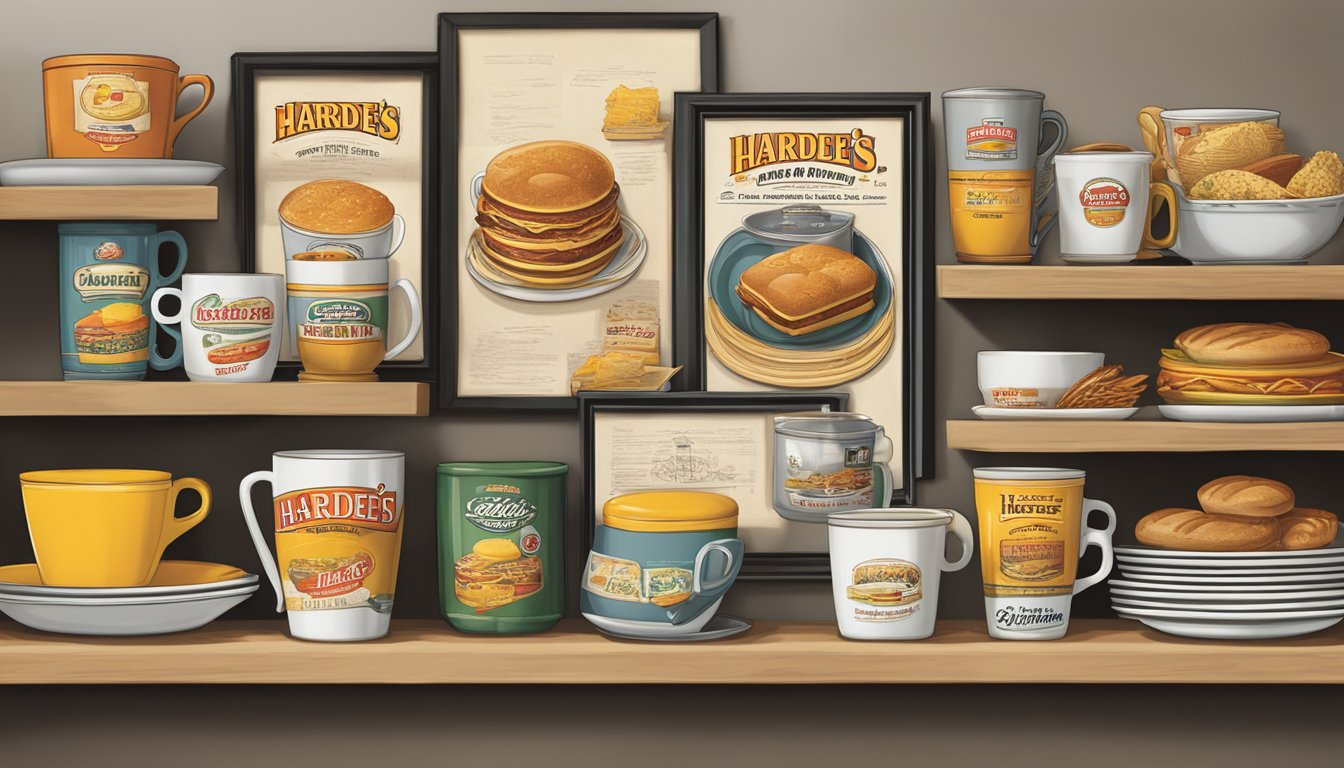 A vintage display of Hardee's breakfast memorabilia, including mugs, signage, and menu items, arranged on a shelf in a collector's home