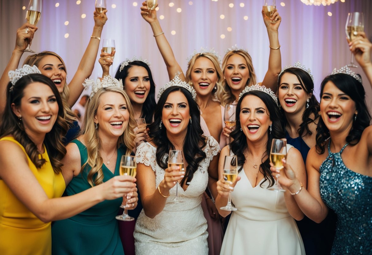 A group of women celebrating at a hens night, with the mother of the bride enjoying the festivities and joining in the fun