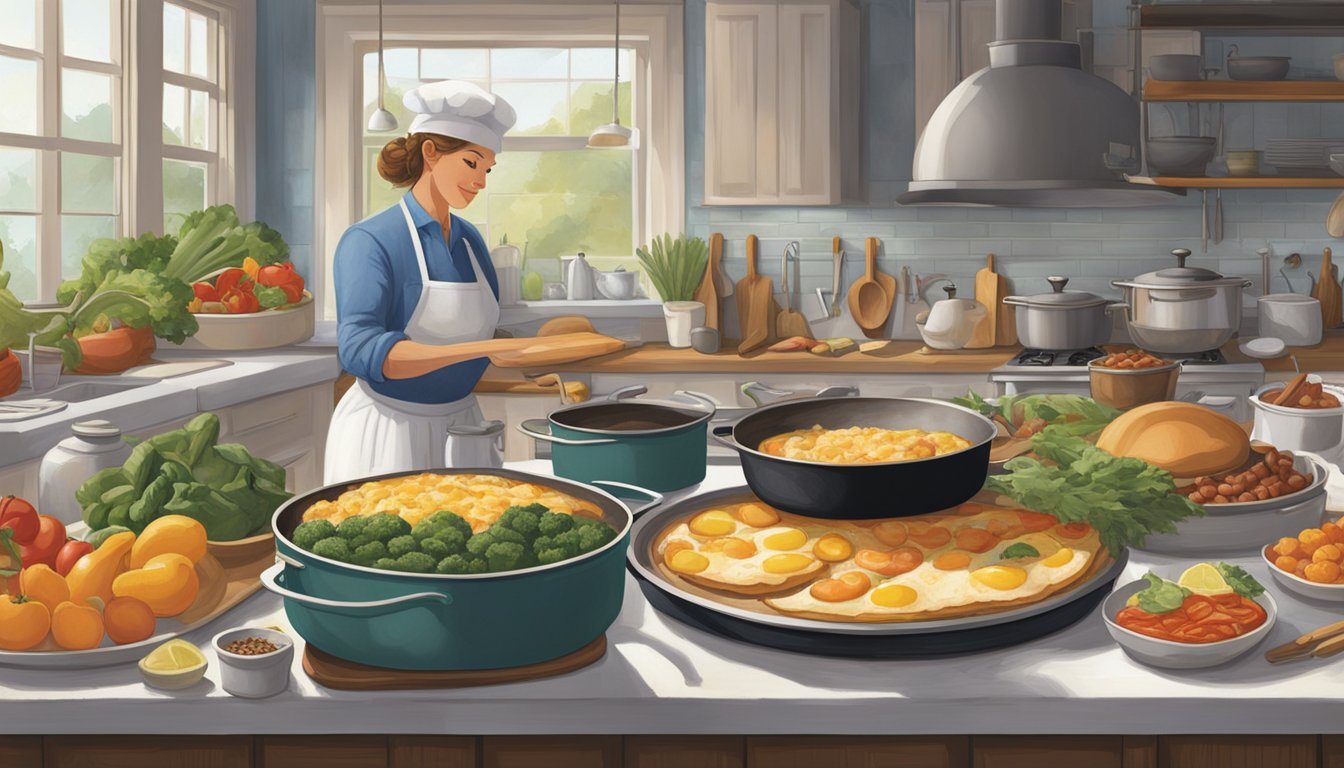 A bustling Southern kitchen with sizzling skillets, fresh produce, and fragrant spices. A chef carefully crafts a hearty breakfast spread, blending traditional Southern flavors with modern flair