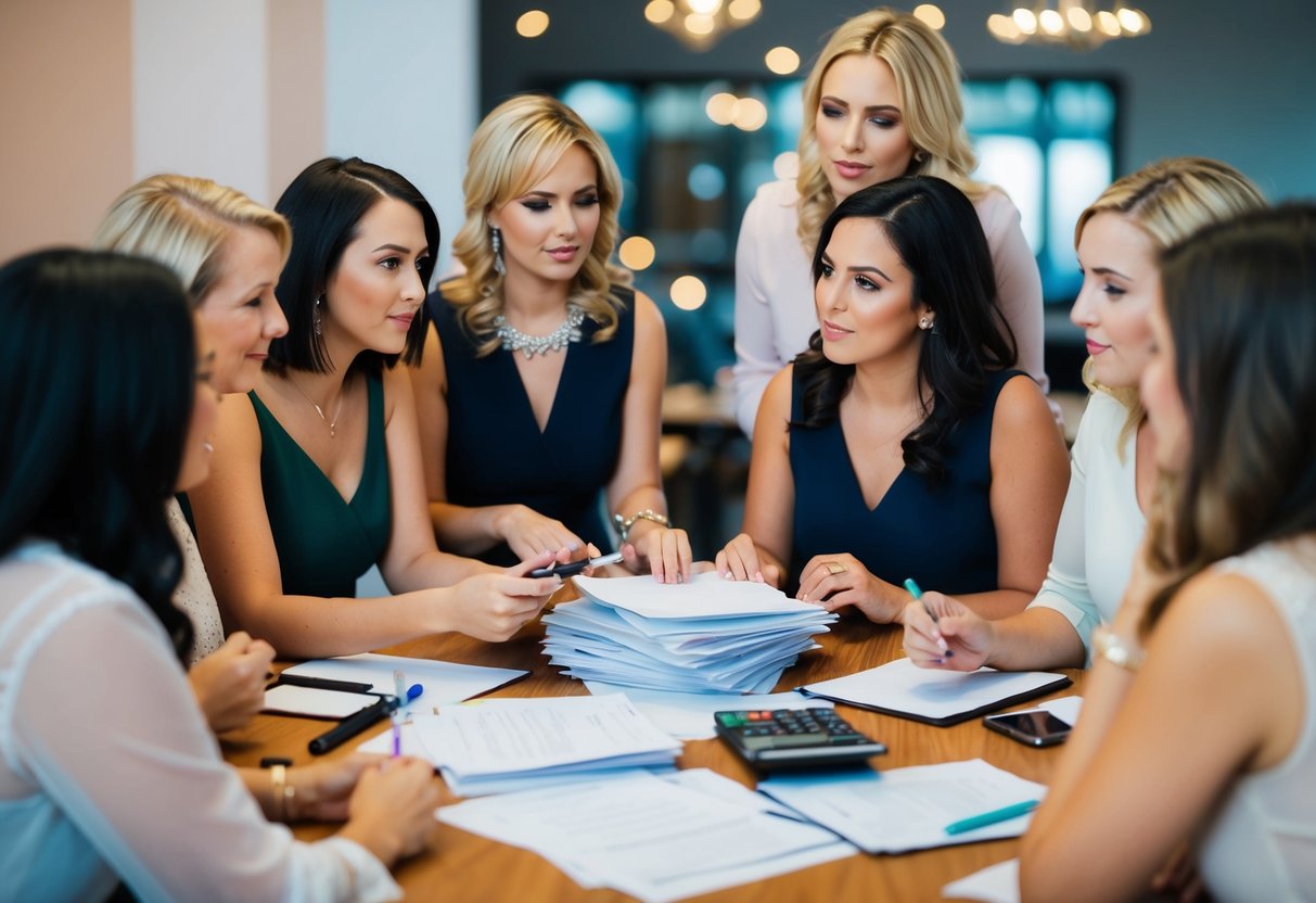 A group of women gather around a table, discussing and planning for the hen's night. A stack of papers and a calculator sit in the middle as they debate who will cover the costs